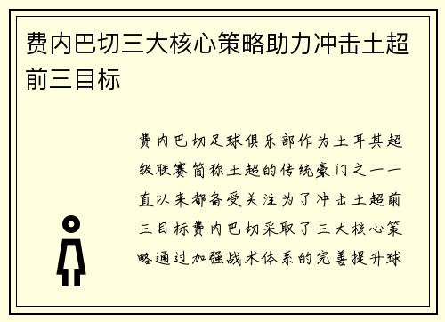 费内巴切三大核心策略助力冲击土超前三目标 费内巴切三大核心策略助力冲击土超前三目标